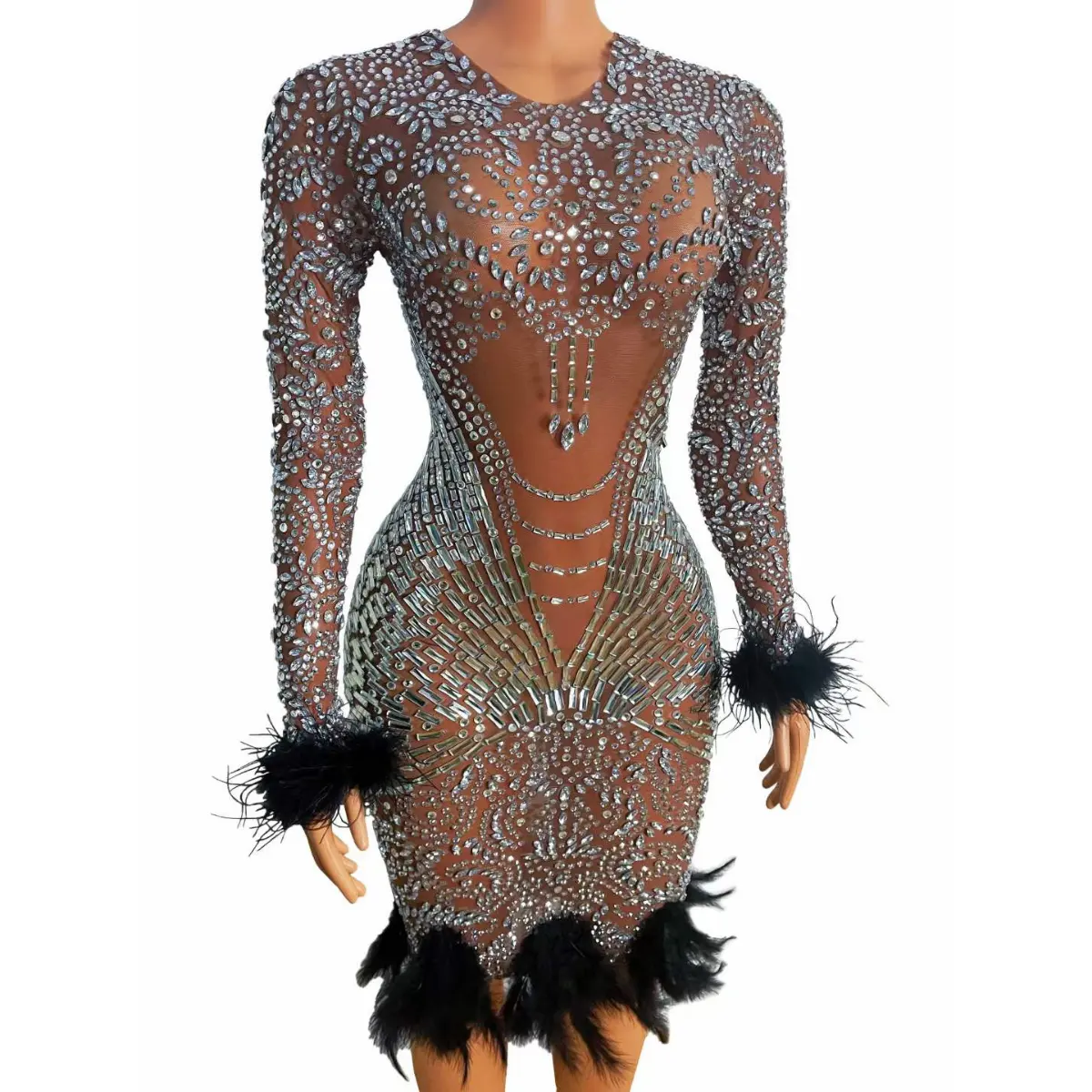 Luxury Design Ladies Long Sleeve Black Feather Woman Performance Ballroom Dress Sparkly Diamond Evening Dresses With Feathers