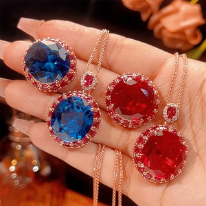 Vintage Eco-friendly Copper Gold Plated Gemstone Jewelry <b>Set</b> 18*20mm Red Cubic Zirconia Necklace Ring Matching <b>Set</b> for Women - Product Image 2