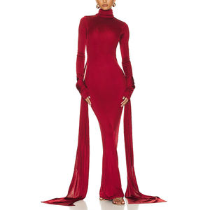 Zyht 73273 מפעל oem צבע מוצק שמלות מקסי נשים שרוול ארוך מתיחה גבוהה גוף ארוך מתיחה גבוהה בוגדון החורף שמלת turleneck - Product Image 1