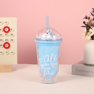 450ml All You Need Is Love Letter Print Double Wall <b>Plastic</b> Tumbler with Straw Dome Lid Pastel Foam Pom Pom Beads - Product Image 4