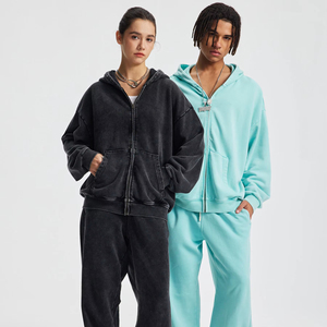 Felpe 100% pesante in cotone lavato francese con cappuccio in spugna con Zip YKKzipper Unisex <span class=keywords><strong>Street</strong></span> Styles oversize Vintage con cerniera a cerniera - Product Image 1