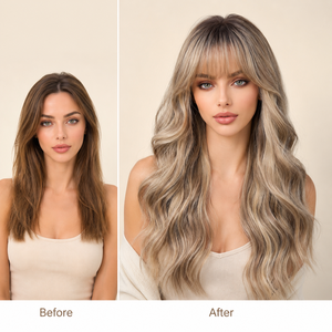 Perruque longue ondulée effet vague d'eau, blond beige cendré avec frange <span class=keywords><strong>et</strong></span> racines foncées, résistante à <span class=keywords><strong>la</strong></span> chaleur, en fibre haute température, sans colle, directement de l'usine - Product Image 2