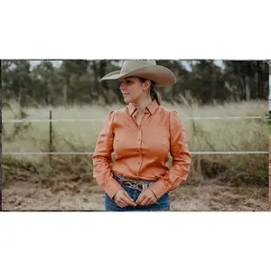 Camisa de lino de manga larga para mujer Camisa de lino de manga larga naranja quemada para mujer Camisa de trabajo de campo con botones
