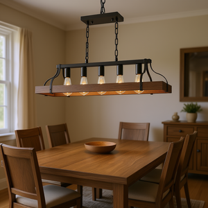 Modern Farmhouse Pendant <b>Light</b> 34 Inch Rectangle Black Walnut Iron Chandelier E26 Bulb <b>Sockets</b> Dining Room Lighting - Product Image 2
