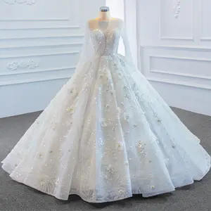 Sequins Chiffon Lace Wedding Dress Long Sleeves Flower Embroidery Wedding Dress for Prom Dress