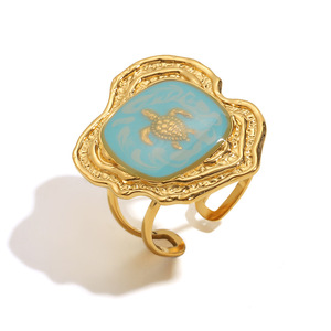 Nuovo anello aperto placcato oro 18K alla moda con <span class=keywords><strong>smalto</strong></span> blu <span class=keywords><strong>turchese</strong></span> e motivo tartaruga di ispirazione nautica gioielli di moda per le donne - Product Image 1