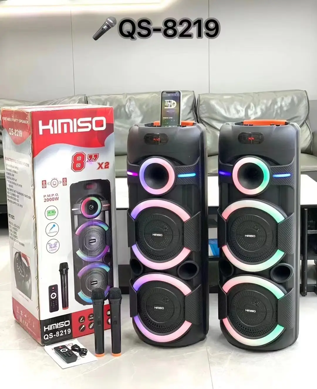 KIMISO-altavoz KMS QS-A284 para exteriores, 8 pulgadas x 2, carrito portátil, sistema de altavoces para DJ, Subwoofer, caja de sonido con luz LED, KIMISO