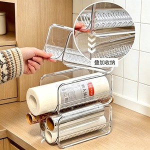 Kitchen Cabinet Tiered Storage Rack Transparent Stackable Paper Roll Aluminum Foil Food Bag Organizer Removable Standing Type - Product Image 1