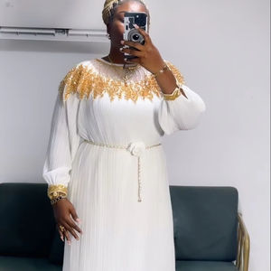 Plissiertes Damenkleid Stretch Übergröße Rüschen Langarm Vintage Lässiges Langes Maxikleid für Frauen - Product Image 1