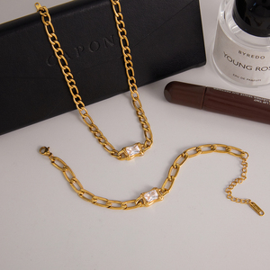 J&<b>D</b> Elegant Figaro Chain Jewelry Set 18K Gold Plated <b>Necklace</b> Bracelet with Square CZ Accents Coordinated Matching Set - Product Image 5