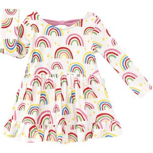 ชุดเดรสเด็กผู้หญิงลายรุ้งแขนยาวทรงเอไลน์พร้อมโบว์ที่คอเสื้อผ้าใยไผ่ระบายอากาศได้ดี - Product Image 1