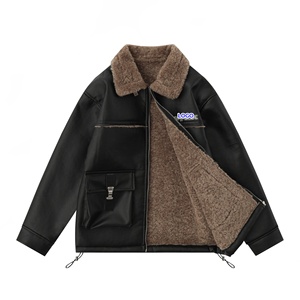 LAYENNE Veste en <span class=keywords><strong>cuir</strong></span> PU à épaules tombantes pour hommes Plus Size Sherpa Vintage Style Turn Down Collar Winter Puffer Jacket Unisex - Product Image 2