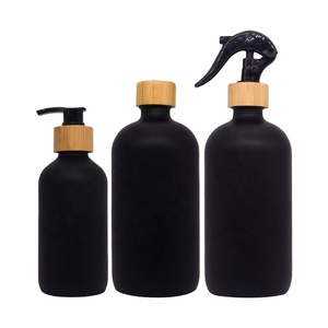 Bouteille en verre noir mat de luxe 250 ml 500 ml avec couvercle pompe en bambou, écologique, sérigraphiée, pour sérum de soin, maquillage, eau, yeux - Product Image 1