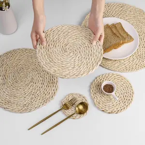 Napperons tissés à la main en cosse de maïs aquatique naturelle de style japonais Sous-verres ronds pour aliments occidentaux Fournitures ménagères