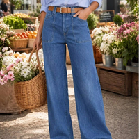 Pantalones Vaqueros Holgados de Verano para Mujer, Cintura Alta, Pierna Ancha, Azul Medio, Bolsillos Delanteros Grandes, Pantalones de Mezclilla Casuales para Trabajo