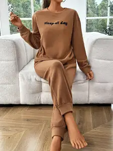 Toptan kadın giyim Loungewear ekip boyun Polar Polar pijama takım kış sıcak