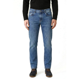 Jean pour homme coupe droite taille mi-haute, délavage moyen, coupe classique, en coton, décontracté, bleu, hiver/été, écologique, extensible, respirant - Product Image 1