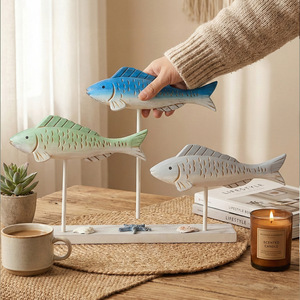 Wooden Fish Figurine Set 3 Colors Handmade <b>Tabletop</b> Decor Coastal Home Ornament - Product Image 2