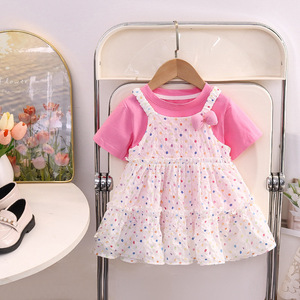 Nouvelle collection été 2025 pour filles : Ensemble deux pièces style coréen, comprenant une robe et un haut uni à pois multicolores - Product Image 3