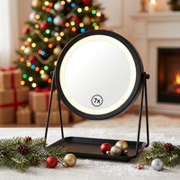 Miroir de Maquillage LED Rond Noir Double Face avec Rangement, Personnalisable avec Logo, Style Art Déco, Vente en Gros