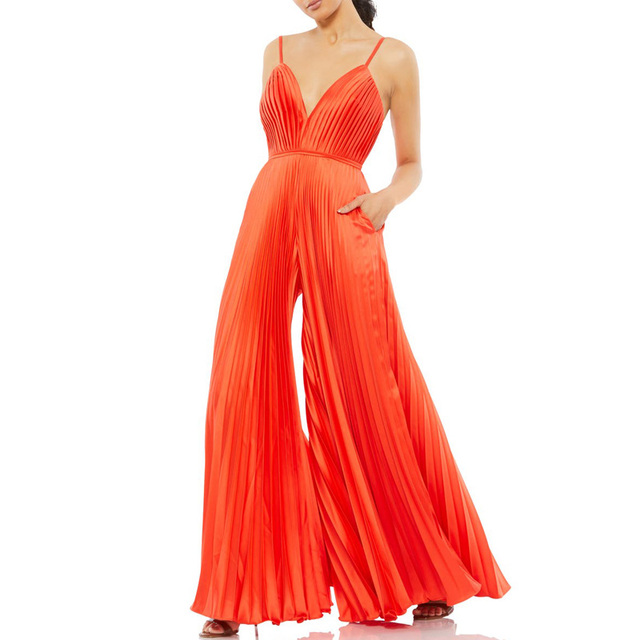 Custom Women Fashion Elegant Temperament Spaghetti Strap Sleeveless v Neck Satin Pocket Wide Leg Jumpsuit