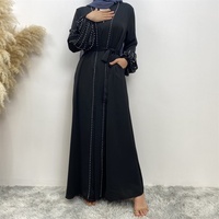 1961 #   Abaya élégante en tissu Nida de luxe avec manches lanternes, petites perles et bordure perlée, poches latérales