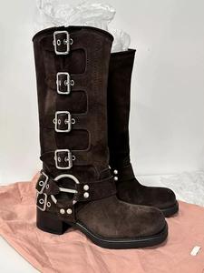 רטרו זמש עור מערב קאובוי נשים של מגפיים גס עבה הברך העקב עבה ברך גבוה מעצב האתחול גברים לנשים בקיץ - Product Image 3