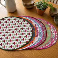 RIDHI 2026 Tapis et coussinets à motifs floraux indiens classiques, imprimés à la main au bloc, 100% coton pur, écologiques, avec bordure brodée