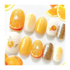 เล็บปลอมทรงไข่รูปวงรีสีเหลืองส้มแคนตาลูปแวววาวปลายเล็บสวมใส่ทุกวันกันน้ำนำมาใช้ใหม่ได้กดบนเล็บ