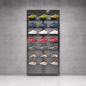 Étagère de présentation moderne sur pied pour vêtements et chaussures, idéale pour les équipements sportifs et les magasins de basketball - Construction en fer et bois - Product Image 5