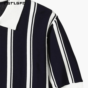Men Vertical Striped Knit <b>Polo</b> Shirt Half <b>Zip</b> Quarter <b>Zip</b> Black White Contrast Old Money Style Summer Resort Wear <b>Polo</b> - Product Image 5