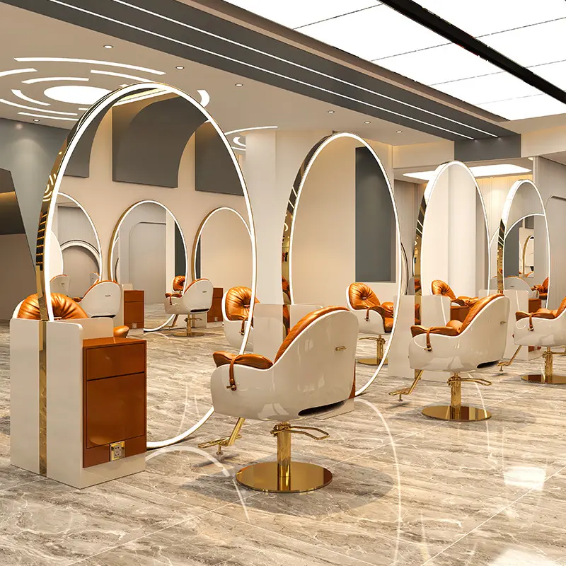Profesyonel Salon mobilya kuaför istasyonu akıllı Led ışık Salon berber ayna istasyonu satılık