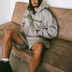 Ensemble de survêtement à capuche, ensemble court, sweat-shirt à fermeture éclair ample de haute qualité personnalisé et short, vêtements à imprimé gonflé en deux pièces, <span class=keywords><strong>jogging</strong></span> pour hommes - Product Image 3