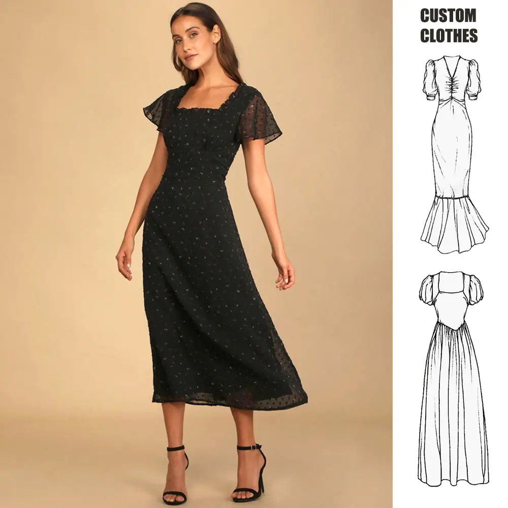 Gaun Linen motif titik gaya baru musim panas 2024 gaun Maxi hitam kasual wanita belahan samping lengan mengembang pendek seksi wanita