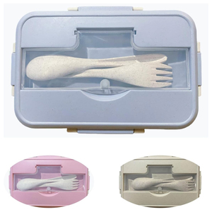 Food Grade 1000ml Wheat Straw Bento Box Leak Proof Dual Tier Portable Outdoor Use Food <b>Container</b> with Soup Cup and Spoon - Product Image 1