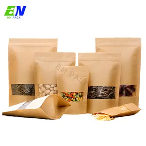 Bolsa de papel kraft resellable, embalaje con cremallera, totalmente reciclada, marrón, con ventana