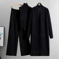 Conjunto de 3 Piezas de Punto para Mujer, Cárdigan Largo, Top Acordonado con Cuello Alto, Chaleco Sin Mangas, Pantalones Largos de Cintura Alta y Pierna Ancha, Atuendo Informal