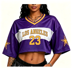 <span class=keywords><strong>Camiseta</strong></span> Corta Personalizada OEM ODM de los <span class=keywords><strong>Lakers</strong></span> para Mujer, Estilo Oversize con Hombros Caídos, Malla Estampada, Jersey de Equipo - Product Image 4
