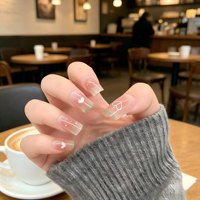 Faux Ongles Courts Carrés Verts à Motif Cœur, Style French Manucure Dégradé, Personnalisables avec Logo, Réutilisables, Vente en Gros