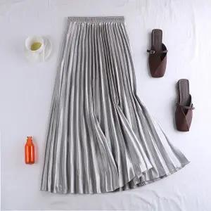 Autumn <strong>Winter</strong> New Satin Metallic Pleated Korean Version Long <strong>Skirt</strong> Retro High Waisted fairy <strong>Skirt</strong> - Product Image 6
