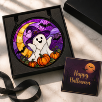 Attrape-soleil en vitrail fait main POD, motif fantôme mignon et effrayant, croissant de lune et citrouille, décoration de fenêtre pour fête d'Halloween