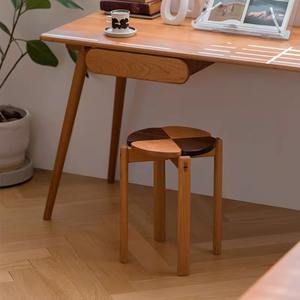 Taburete Trébol de Cuatro Hojas, Madera de Cerezo Maciza, Apilable, Redondo, para el Hogar, Sala de Estar, Dormitorio - Product Image 3