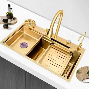 Hot Sale Golden Waterfall Kitchen Sink Modern Hand Made Kitchen Sink Stainless Steel Fregadero Acero Inoxidable Sink Kitchen