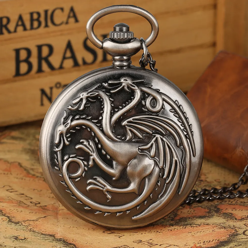 Vintage Logam Liontin Jam Reloj De Bolsillo Rumah Targaryen Naga Steampunk Saku Menonton Kalung untuk Pria