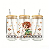 Fille Dessin Animé Fleurs UV DTF Wrap Gobelet Imperméable Autocollant Transfert Design Ludique pour Tasse Verre Cadeau Créatif