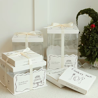 Boîte à gâteau en papier avec logo personnalisé, grande fenêtre transparente en PVC, boîte d'emballage portable pour pâtisserie d'anniversaire avec ruban en satin
