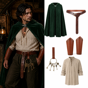 Accessoire de costume de <span class=keywords><strong>ranger</strong></span> médiéval : Cape à capuche en velours, Chemise en lin à lacets, Ceinture en cuir celtique, Protège-poignets à rivets, Porte-clés squelette - Product Image 1
