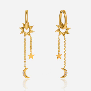 Pendientes colgantes de moda, chapados en oro de 18 quilates, aleación de zinc, diseño de sol, luna y estrella, con borlas, forma geométrica, para mujer - Product Image 1