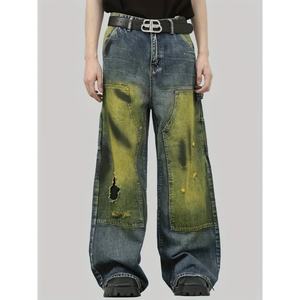 Pantalon en jean vintage délavé, jambe large, style Y2K, streetwear de créateur, jean ample pour homme, coupe droite, mi-sombre pour l'hiver - Product Image 1