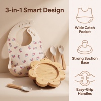 Ensemble d'alimentation floral en bambou : assiette à succion en fibre de bambou de qualité alimentaire en forme de fleur, fourchette et cuillère à manche en bois, motif dessin animé doux